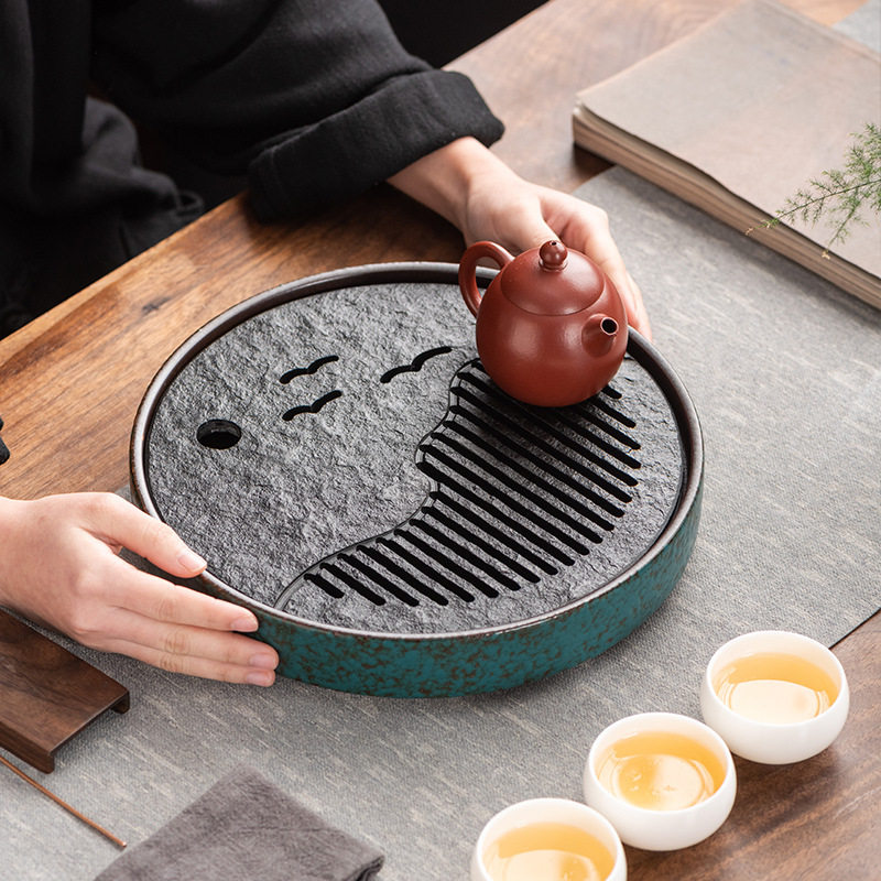 乌金石陶瓷茶盘日式窑变复古小号松石绿蓄水储水式干泡盘茶台茶托