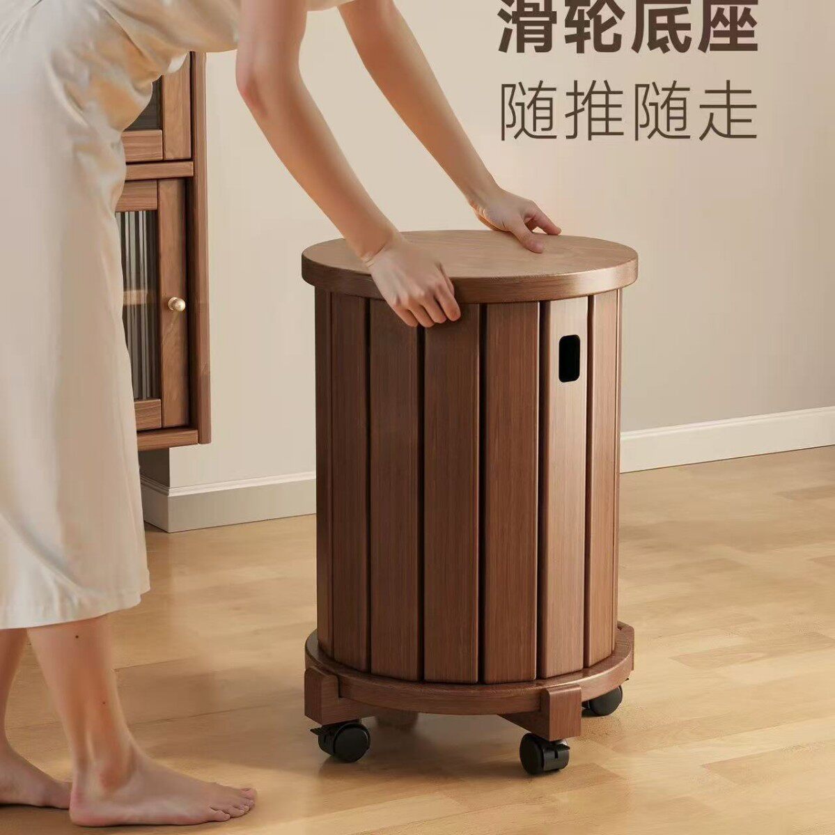 实木家用可叠放凳子叠叠乐带滑轮轻奢高级感客人备用凳新中式圆凳