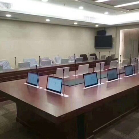 广州工厂直销大型实木会议桌超薄屏话筒一体无纸化会议升降系统