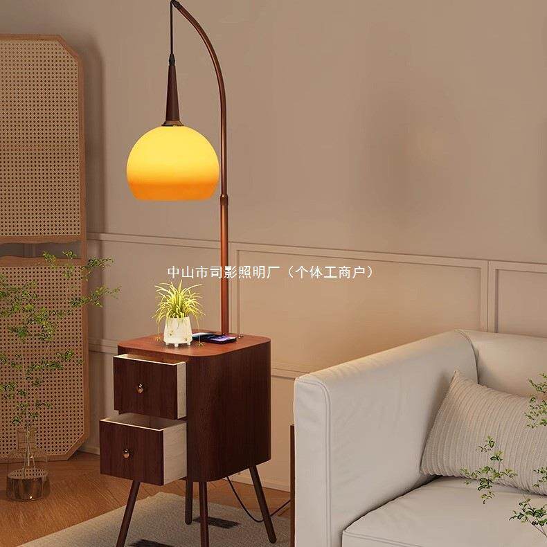 法式中古风落地灯客厅沙发旁边高级感法式复古卧室置物一体台灯