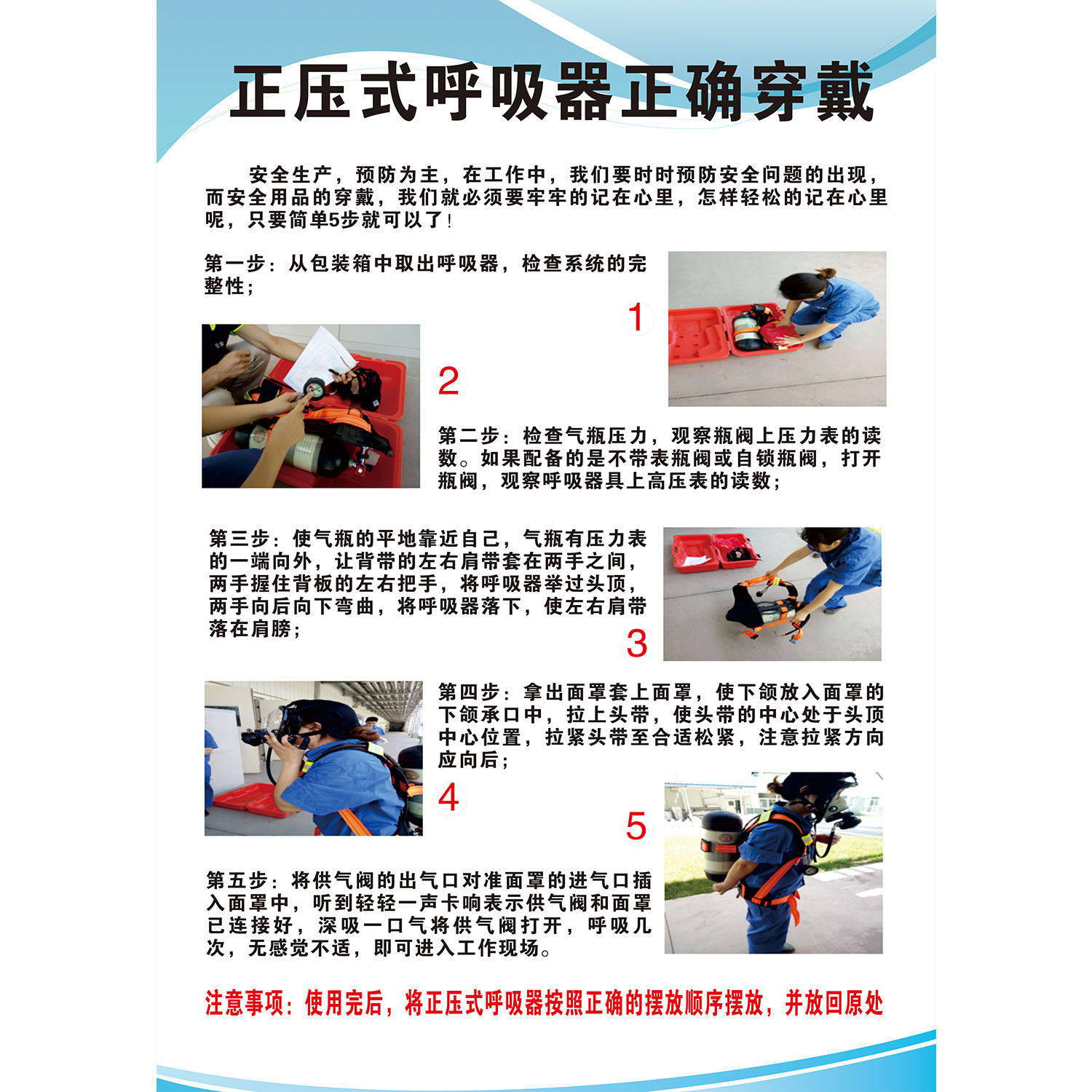 正压式呼吸器正确穿戴示意图墙贴纸挂图写真海报展板印制广告纸