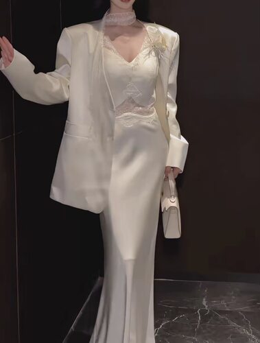法式气质高级缎面西装蕾丝拼接连衣裙套装优雅女神范晚礼服两件套