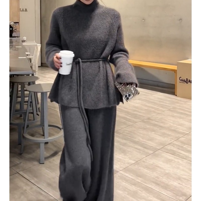 高领毛衣阔腿裤两件套休