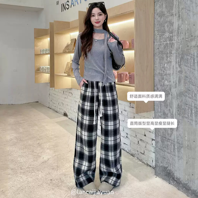 2025秋冬装女生直筒裤新品韩系暖绒格子裤小众设计感复古裤子