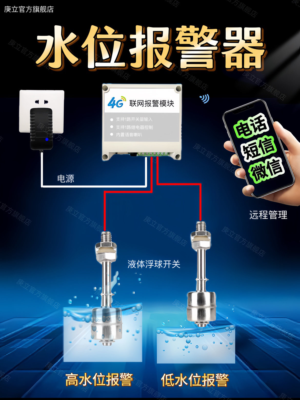 水位报警器4G联网漏水检测高低水位远程控制水漏缺水浮球液位开关