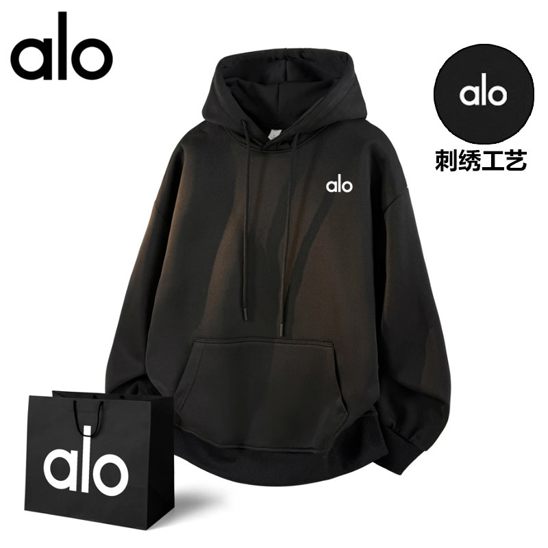 alo fite官方刺绣运动奥特莱斯连帽卫衣男女情侣装秋冬季重磅外套