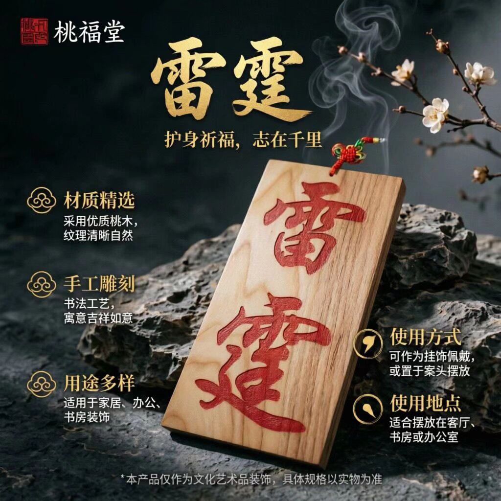 桃福堂桃木雕刻雷字牌护身祈福