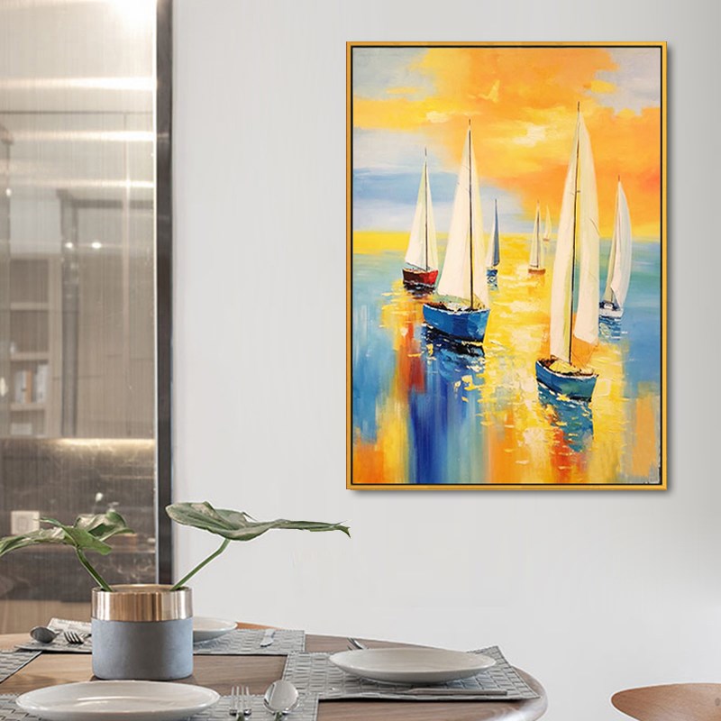 纯手绘油画一帆风顺现代抽象装饰画书I房卧室床头厚油立体画帆船图片