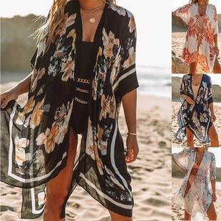 beach printed Chiffon holiday protection blouse sun Slit