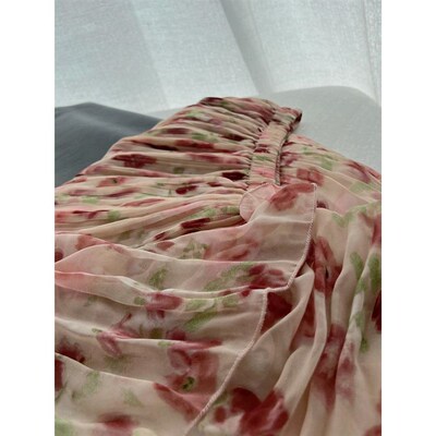 茶歇法式碎飘花褶皱半身q女夏裙LWS季薄款高腰显瘦飘鱼尾雪纺裙a