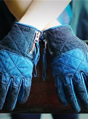 现货UB水洗牛仔蓝色复古全指春秋手套H触屏摩托车手套哈雷拿铁金
