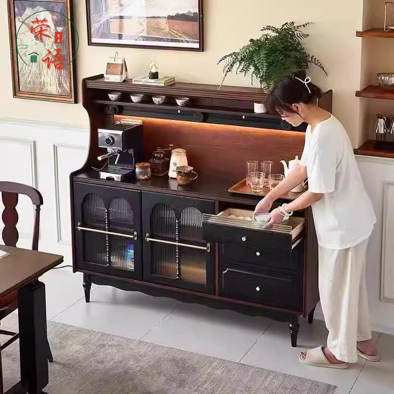 实木厨房餐边柜储物柜原木风客厅柜子酒柜带抽屉茶水柜玻璃门碗柜
