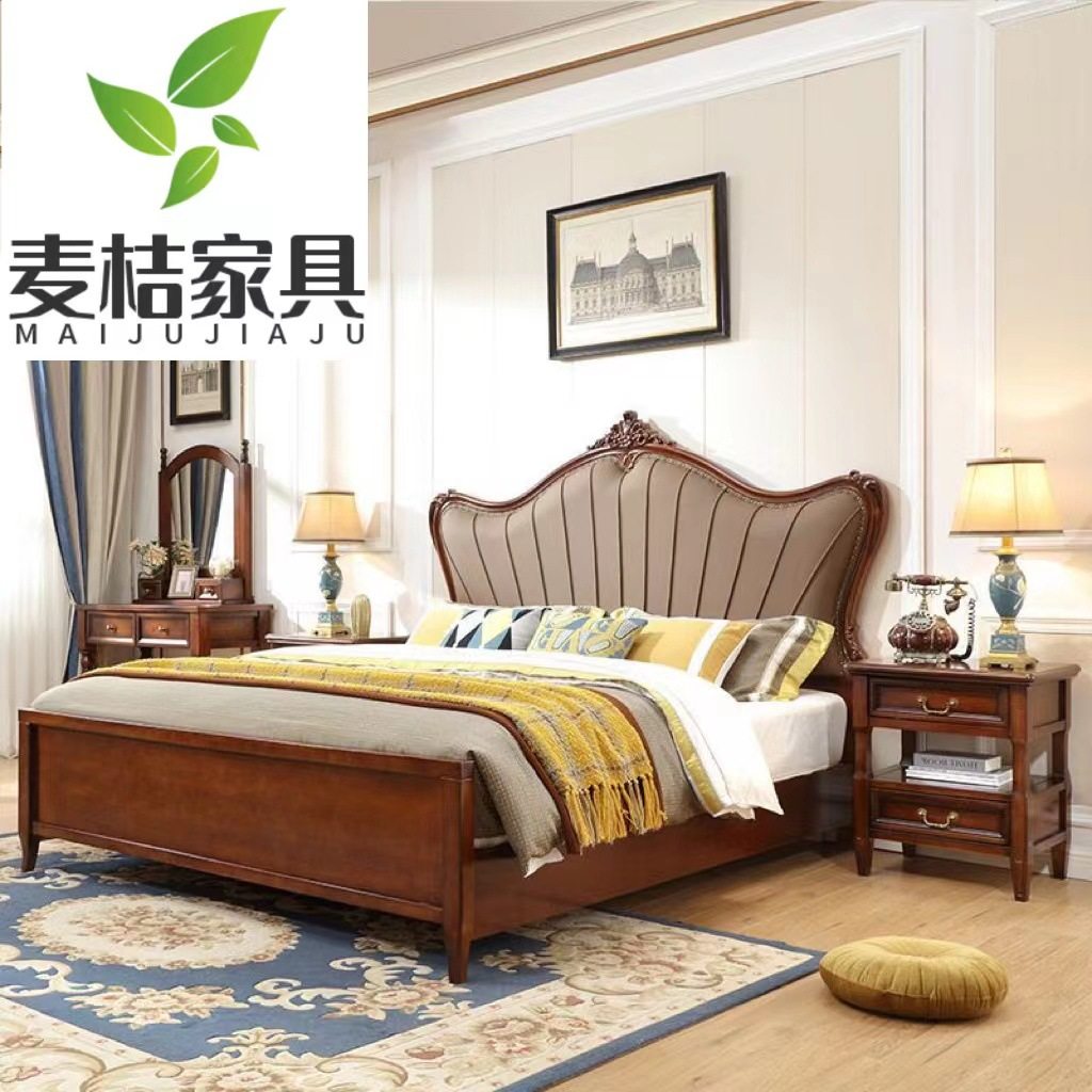 美式乡村实木床1.8m主卧软包双人床现代简约轻奢复古高箱储物婚床