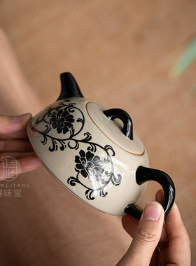 民窑雕花茶壶i复古风磁州窑如意壶青灰釉陶瓷家用泡茶功夫茶具