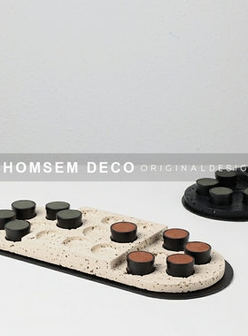 现代书房侘寂风洞石棋盘艺术装饰托盘摆件样板间民W宿酒店桌面摆