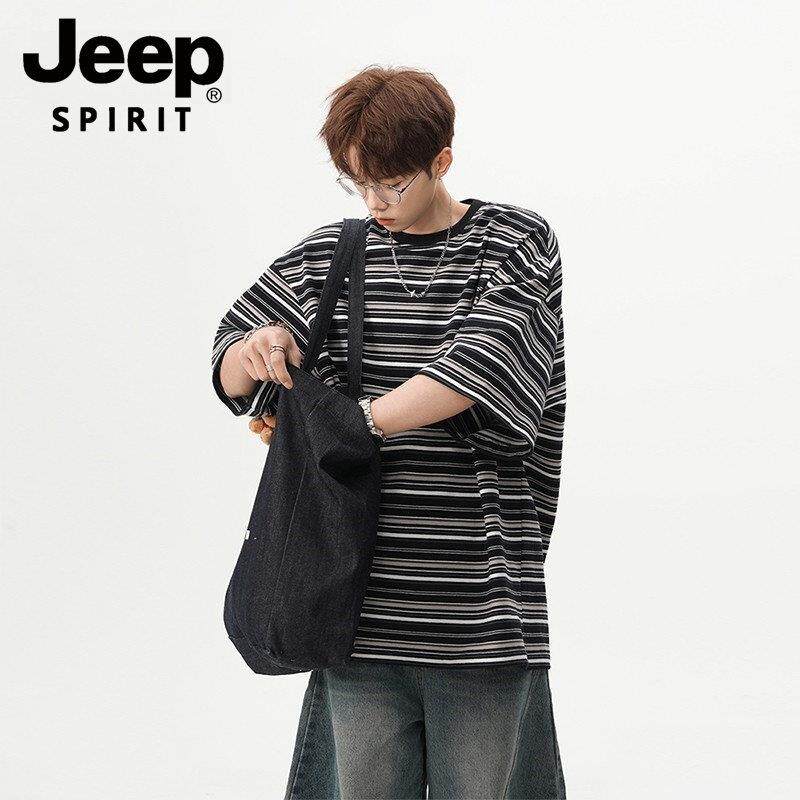JEEP SPIRIT吉普美式重磅短袖男士夏季宽松休闲条纹五分袖百搭T恤