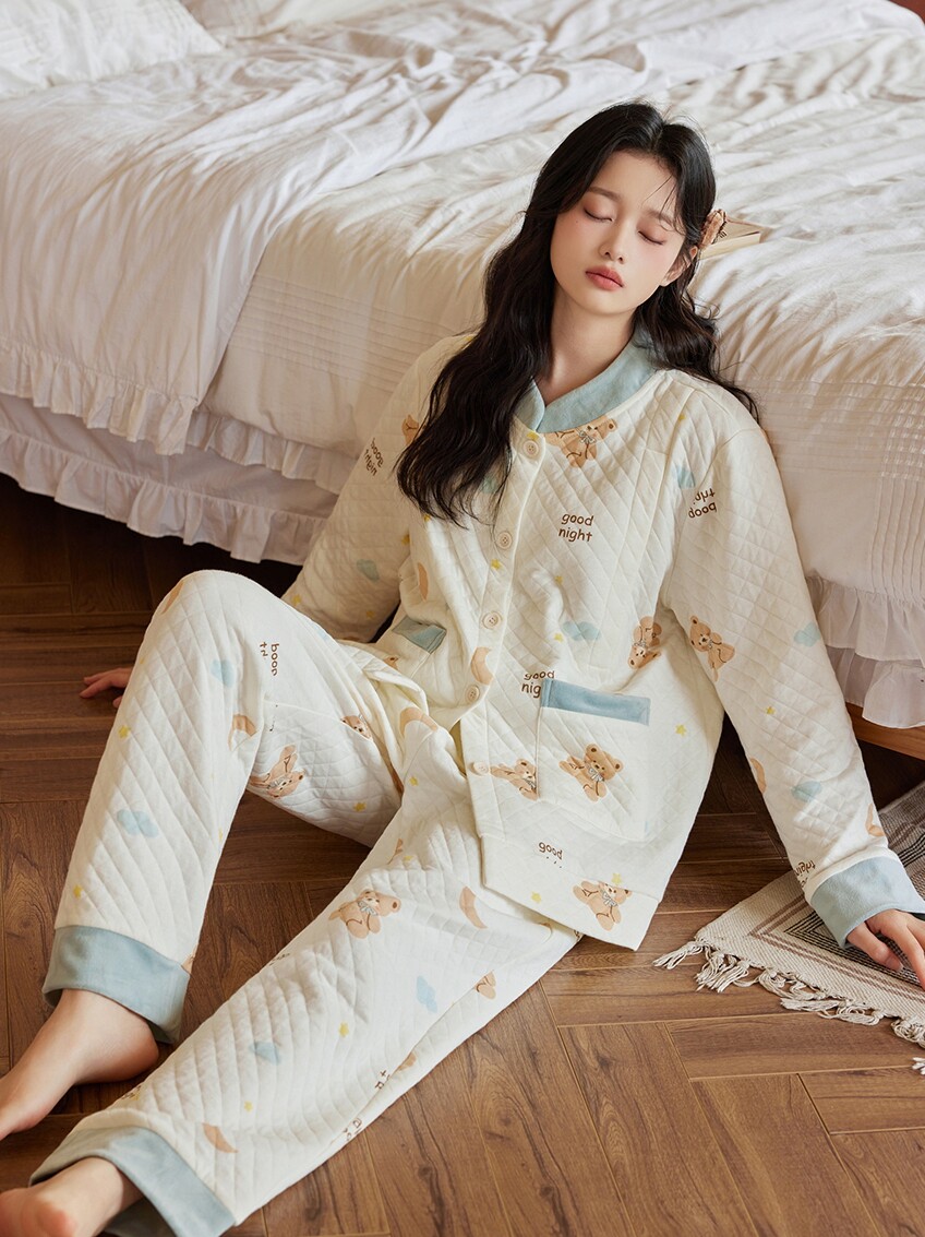 JIAYING AI 감금 옷 봄과 가을 순면 산후 모유 수유 가정 의류 겨울 에어 코튼 산모 출산 잠옷 세트