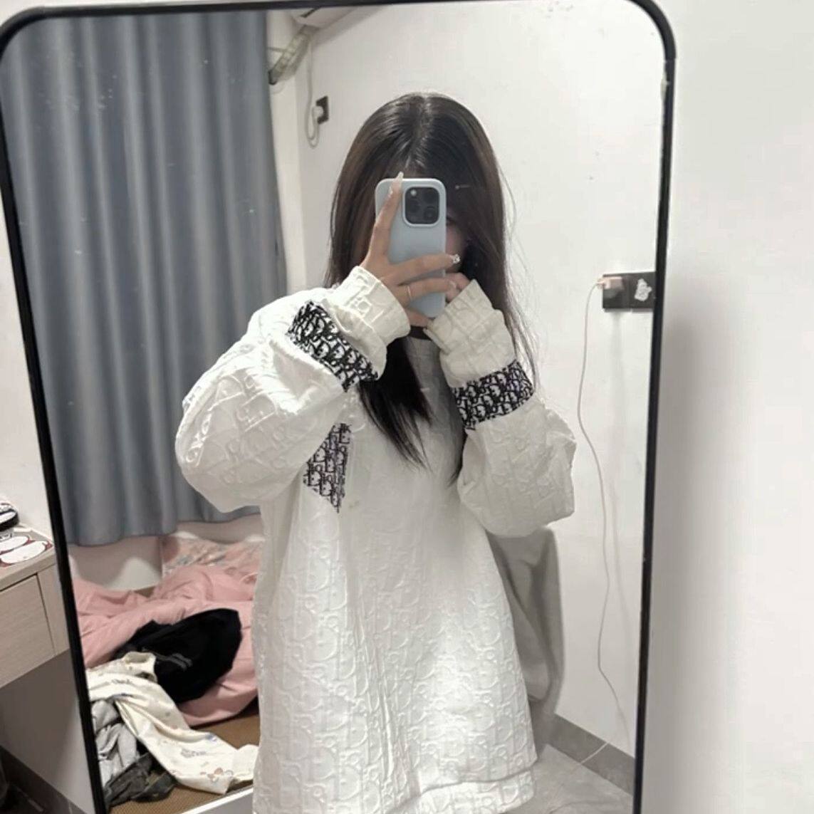 复古网红美式潮牌圆领凹凸感提花卫衣秋冬男女同款情侣装百搭上衣