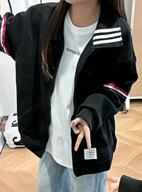 美式复古休闲卫衣开衫女秋冬加绒加厚三条杠宽松学生百搭潮流外套