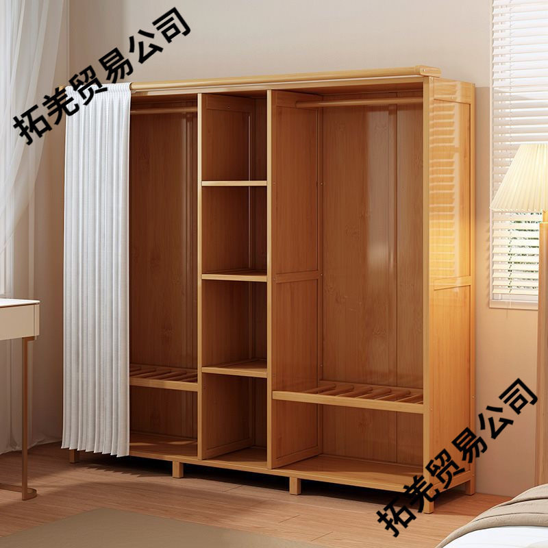 简易实木衣柜家用卧室出租房组装加粗衣帽架衣橱全封闭拉帘布柜子