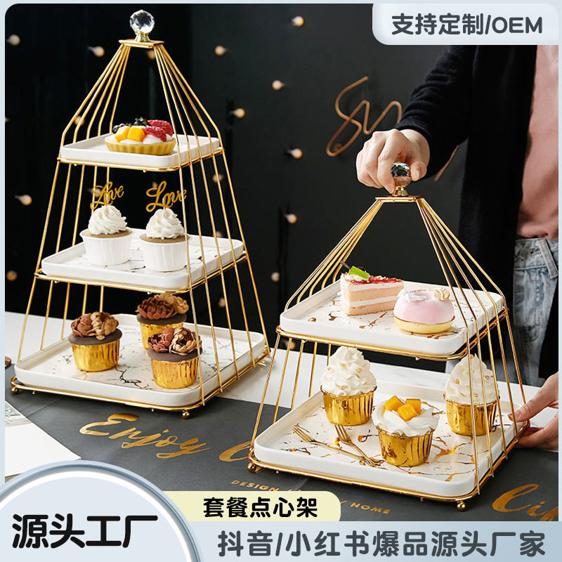 定制创意酒店餐厅陶瓷点心架 来图加工烫金大理石蛋糕盘甜品架