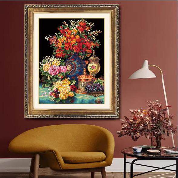 ?十字绣成品纯手工花团锦簇雍容华贵静物油画花瓶欧式挂画绣好的