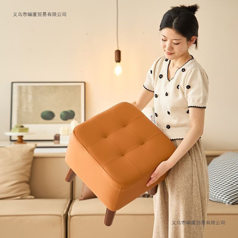 轻奢实木家用方形换鞋凳脚踏时尚沙发凳茶几卧室矮凳猫爪皮小凳子