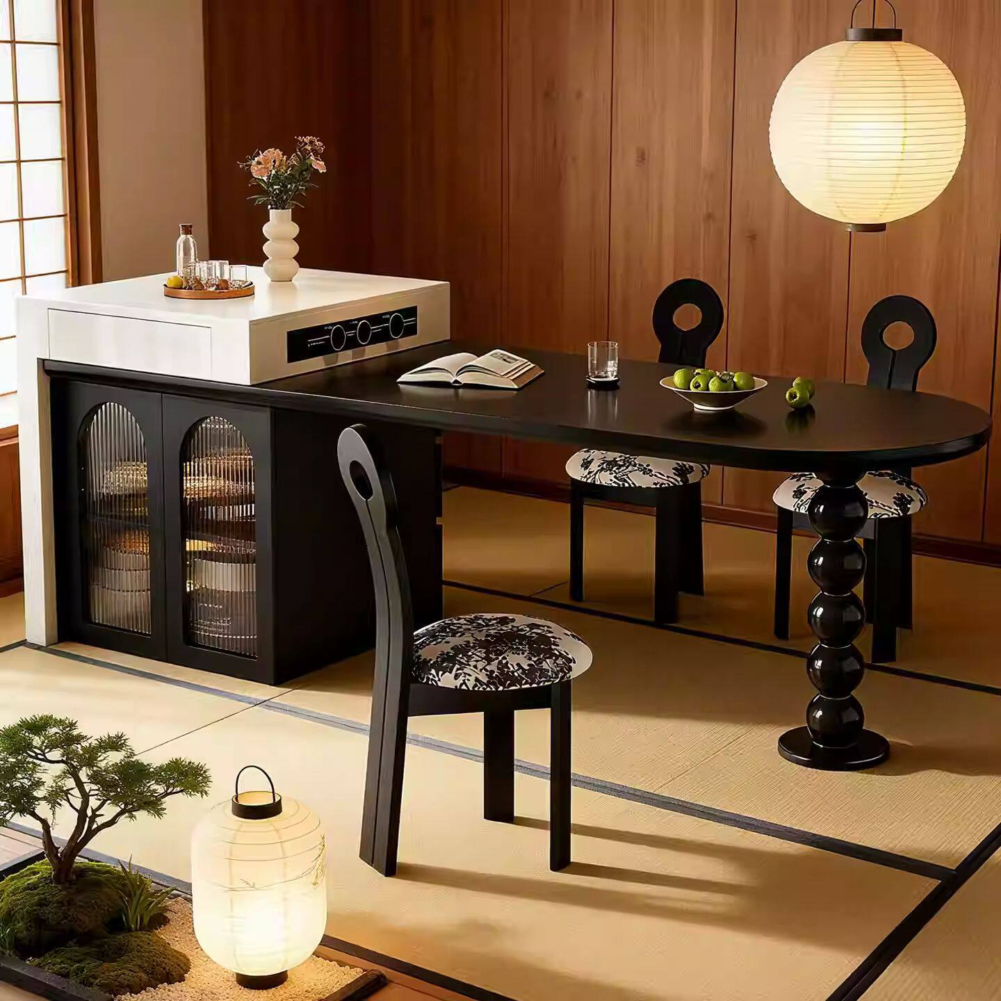法式中古风岛台餐桌一体可伸缩圆弧纯黑岩板餐桌实木烤漆中岛台