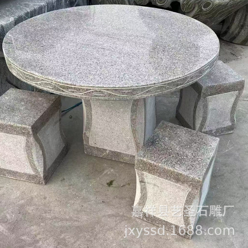 花岗岩圆桌现货公园景区摆放一桌四凳庭院别墅大理石圆桌圆凳