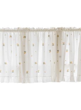 极速法式刺绣黄色蓝色小花防尘帘 柜帘穿杆短帘 S森系门帘半遮光