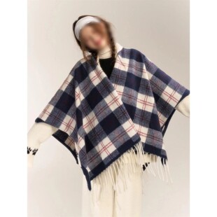网红仿羊绒披肩女士流苏格子开衫大码披风毛呢外套斗篷披肩围u078