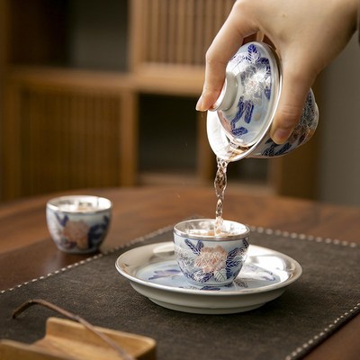 国礼牡丹鎏银二才盖碗家用高颜值精致泡茶碗单个陶U瓷中式功夫茶