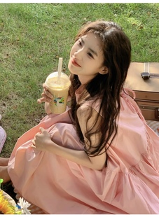 莫希MXON 在等你下课～奶昔粉小清新宽松露背度假连衣裙超仙森系