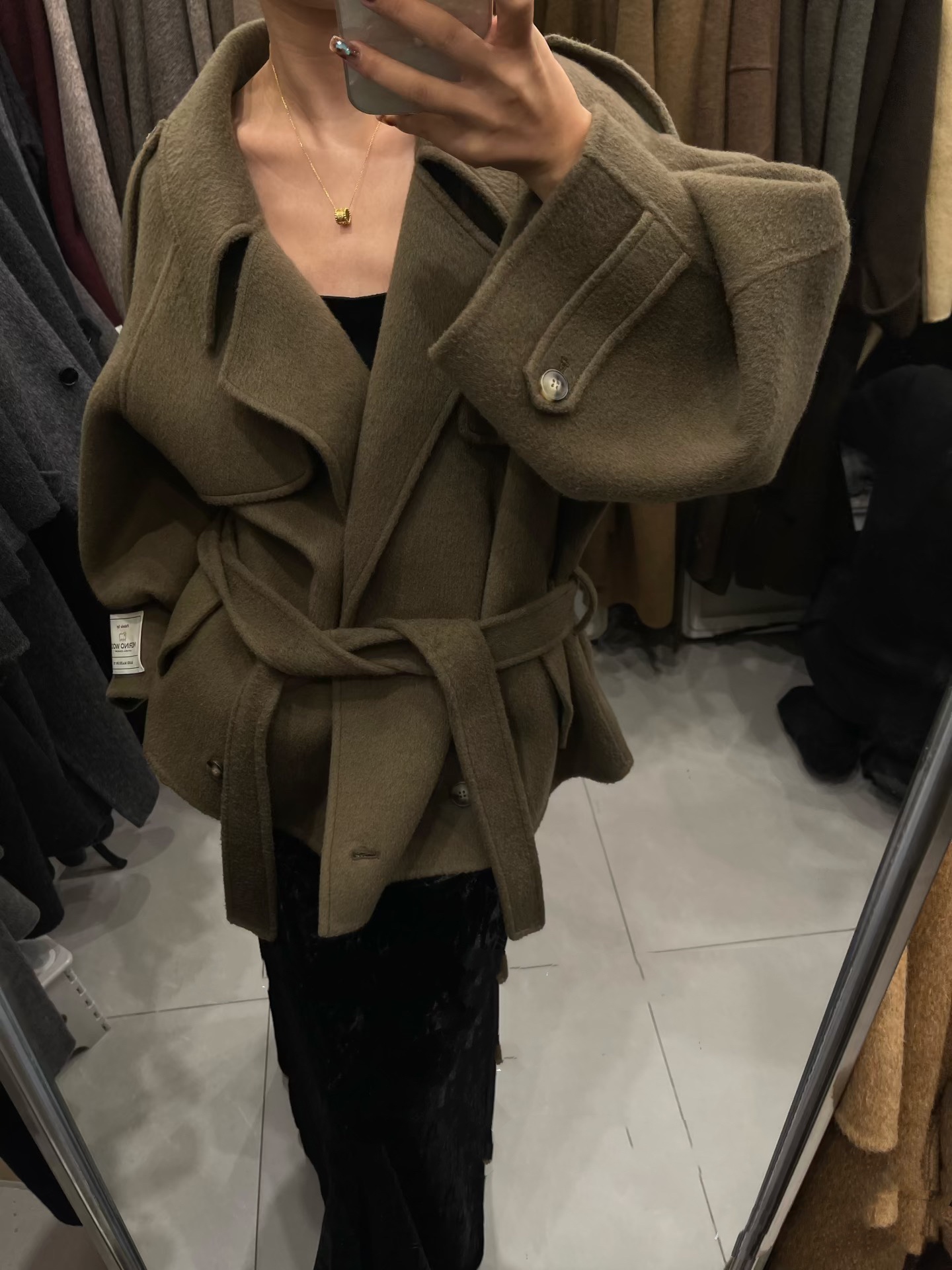 莫希MXON  大翻领jian约知性双面羊毛大衣女秋冬短系带中长款外套