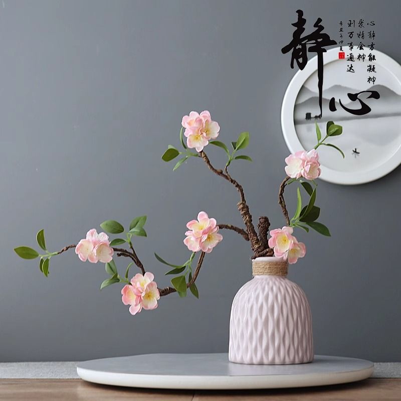 禅意中式仿真花客厅玄关高档梅花桃花插花落地假花摆件装饰