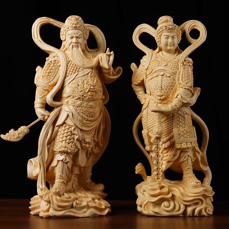 关公珈蓝韦陀尊者左右p护法神像摆件桧木雕刻家居装饰品开业工艺