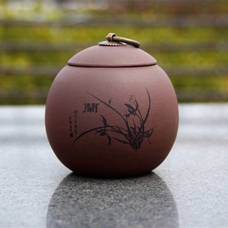 宜兴紫砂梅兰竹菊茶叶罐兰花小罐子陶瓷密封存储罐手工.醒茶储物