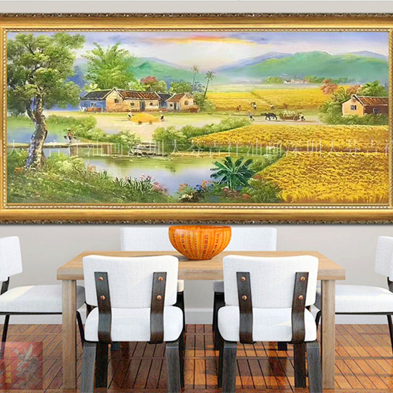 手绘稻田农家丰收图风景油画聚宝盆家居办公室别墅酒.店装饰挂画图片