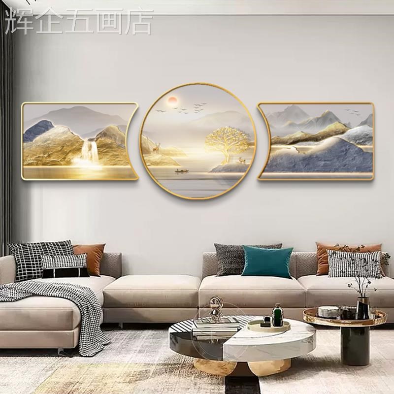 网红旭沙日东客新厅饰升现代联发背景墙挂款W山水鹿装三壁