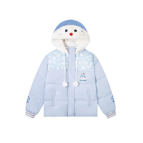 FOCK原创设计可爱毛绒雪人刺绣拼接连帽棉服女秋冬加厚保暖外套萌