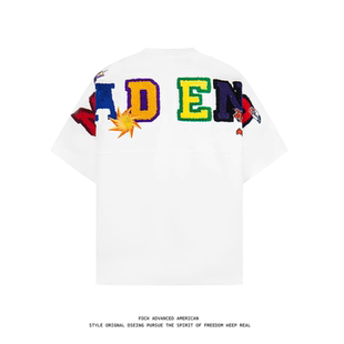 原创美式 红色短袖 彩色字母毛巾绣短袖 新款 上衣潮 T恤男女夏季 FOCK