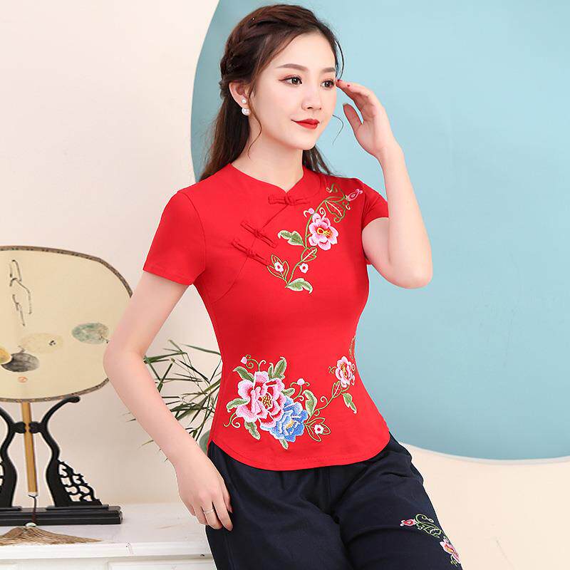 中国风大码上衣夏装民族风女装复古盘扣纯棉绣花短袖T恤女舞蹈服