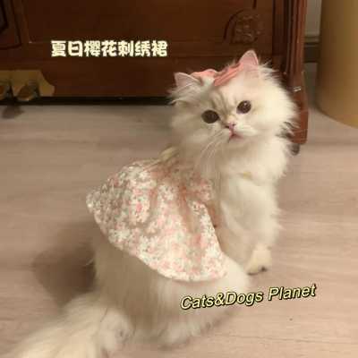 猫狗通用夏日樱花刺绣吊带裙