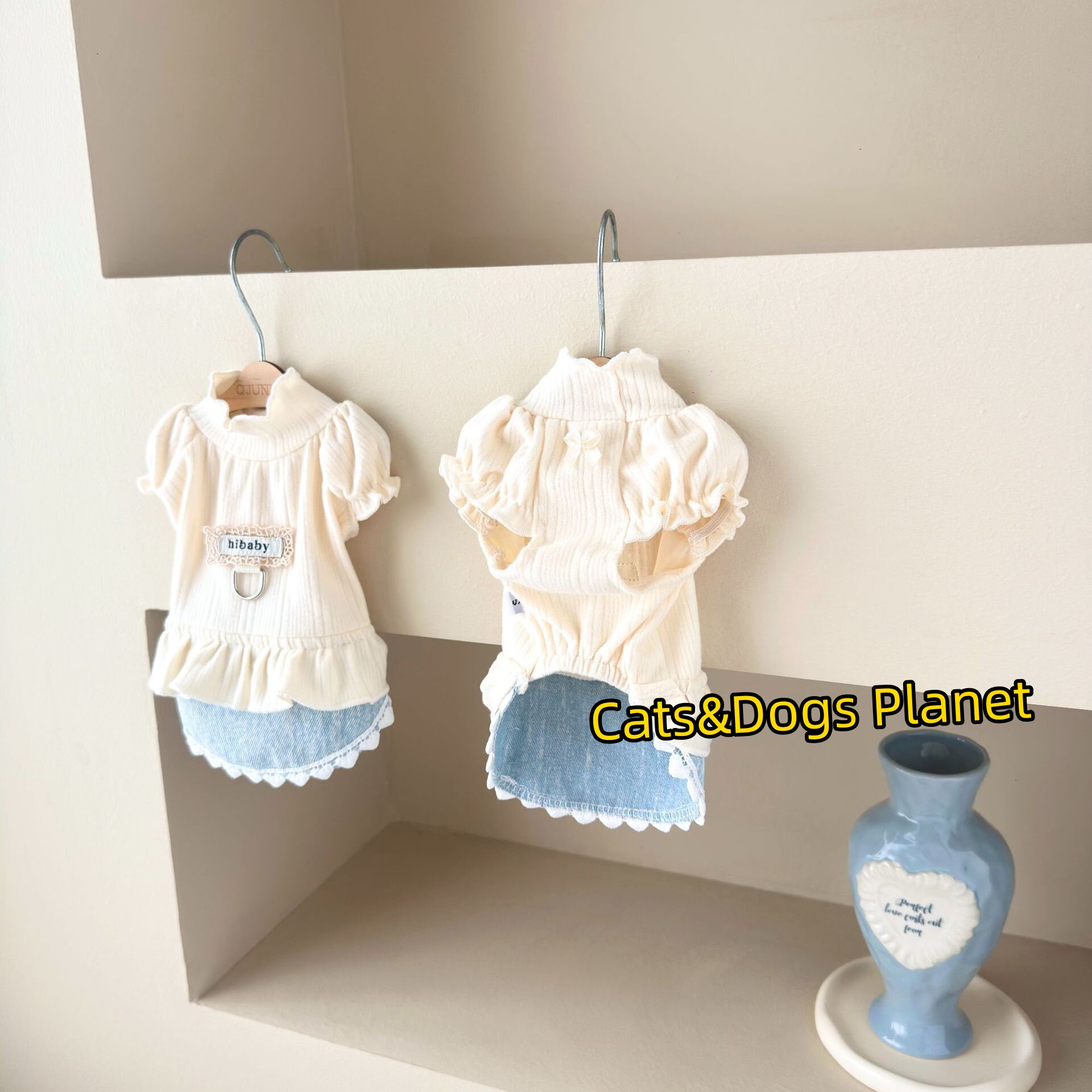 秋冬日韩宠物狗狗猫咪衣服牛仔泰迪比熊约克夏泡袖牵引奶狗奶猫装