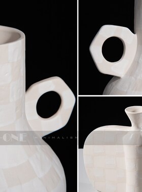 侘寂风花a瓶复双耳鎏银白色花瓶家居装饰品民宿日式手工素陶瓷摆