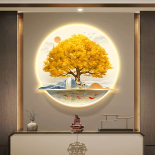 发财树入户玄关装饰画走廊挂w画招财进宝金色餐厅圆形带灯客厅壁