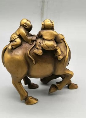 仿古纯铜牧童骑戏牛招财聚财铜牛摆G件客厅办公室装饰风水摆设