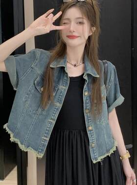 大码胖mm美式流苏牛仔夹克短袖外套连衣裙女春夏翻领牛仔衬衫上衣