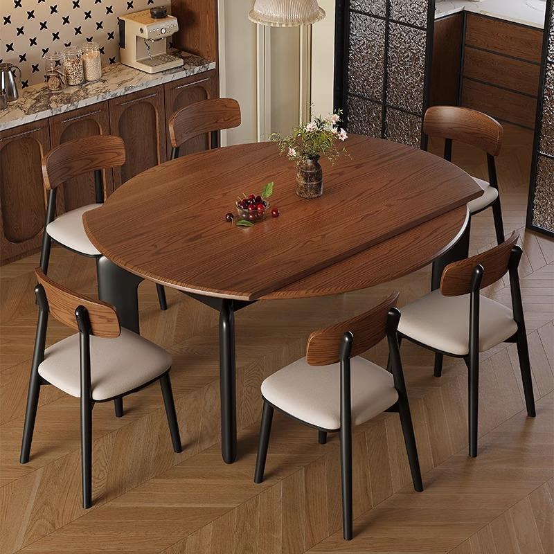中古风实木伸缩餐桌椅组合家用小户型黑色复古风可伸缩圆形餐桌