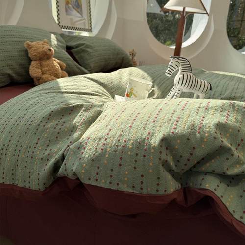 ins色织水洗棉提花简约条纹混搭红绿床上四件套全棉1.5m1.8米民宿